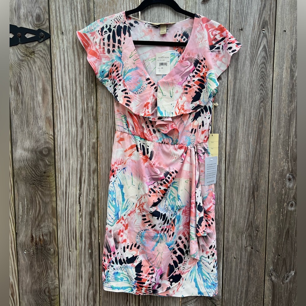 PRESLEY SKYE Pink Ruffled V-Neck Animal Print Dress Women’s Ex Small NWT NEW
